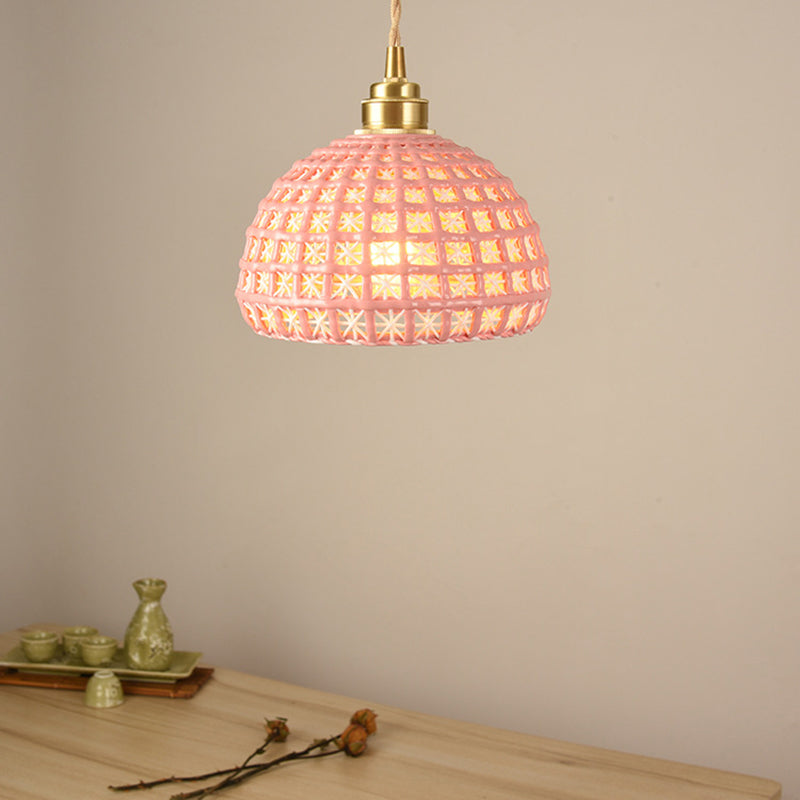 Vintage Ceramic Dome Suspension Lamp With Hollow Out Design Blue/Pink 1-Light Hanging Fixture