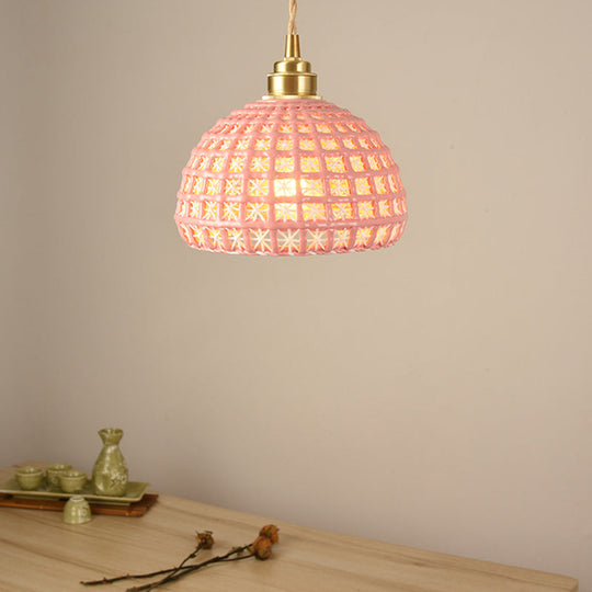 Vintage Ceramic Dome Suspension Lamp With Hollow Out Design Blue/Pink 1-Light Hanging Fixture