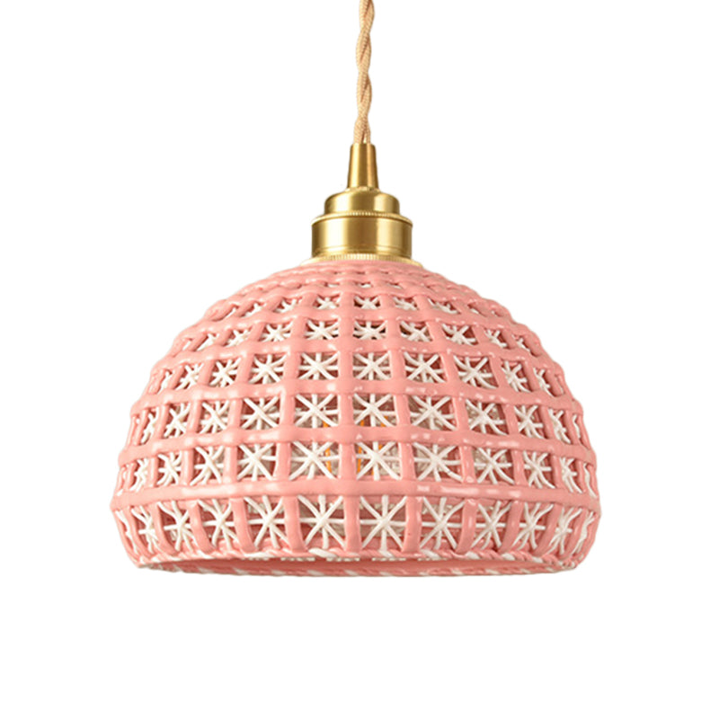 Vintage Ceramic Dome Suspension Lamp With Hollow Out Design Blue/Pink 1-Light Hanging Fixture