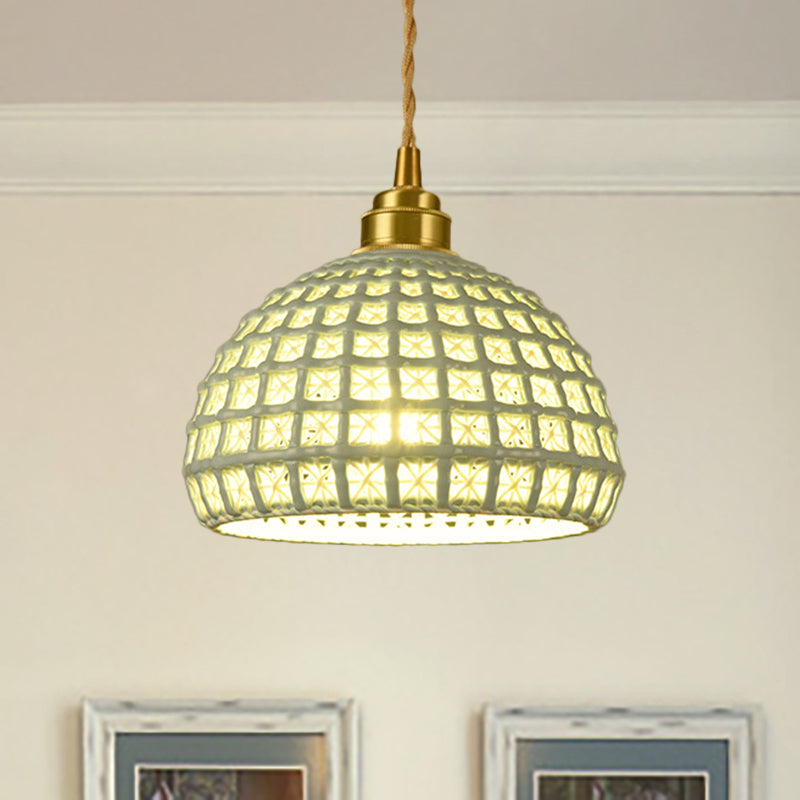 Vintage Ceramic Dome Suspension Lamp With Hollow Out Design Blue/Pink 1-Light Hanging Fixture