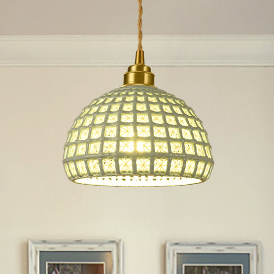 Vintage Ceramic Dome Suspension Lamp With Hollow Out Design Blue/Pink 1-Light Hanging Fixture