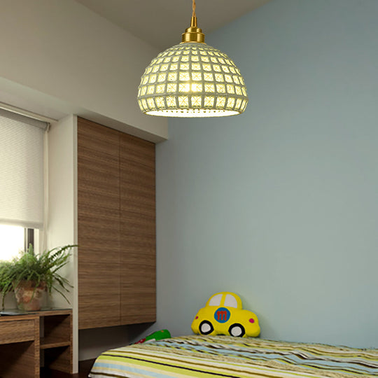 Vintage Ceramic Dome Suspension Lamp With Hollow Out Design Blue/Pink 1-Light Hanging Fixture