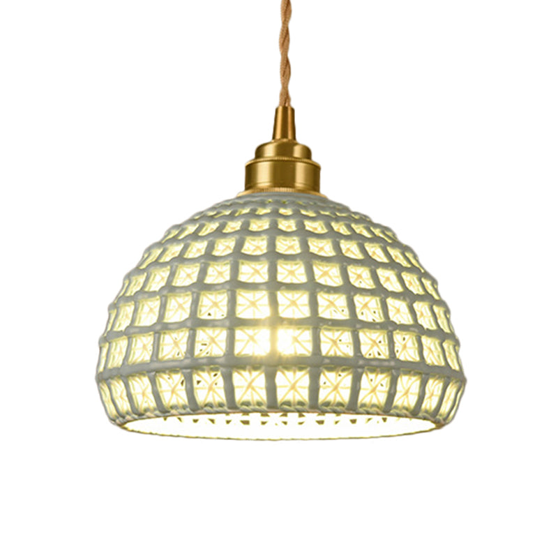 Vintage Ceramic Dome Suspension Lamp With Hollow Out Design Blue/Pink 1-Light Hanging Fixture