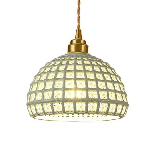 Vintage Ceramic Dome Suspension Lamp With Hollow Out Design Blue/Pink 1-Light Hanging Fixture
