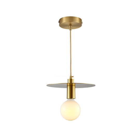 Postmodern White Glass Globe Pendant Light With Gold Metal Disc Shade - Bedroom Hanging Lamp Kit