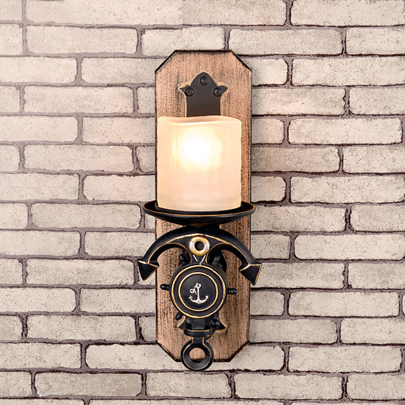 Candle Wall Lamp - Country Style Opal Glass Sconce With 1/2-Bulb: Black & Gold Resin Anchor Design