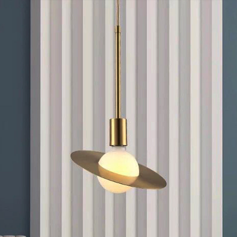 Postmodern Pendant Lamp - White Glass With Gold Disc Metal Shade