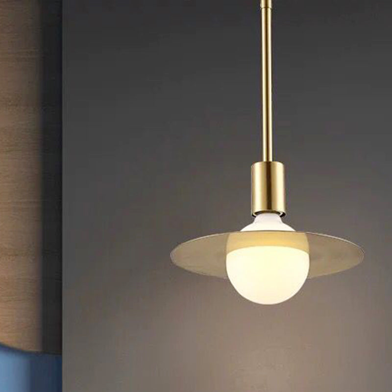 Postmodern Pendant Lamp - White Glass With Gold Disc Metal Shade
