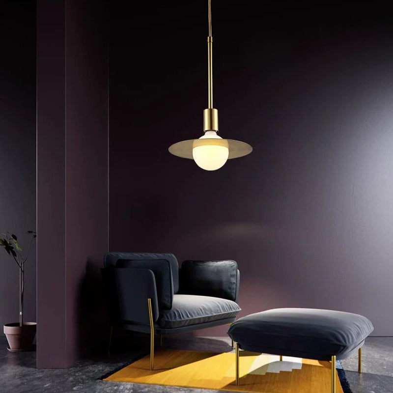 Modern White Glass Pendant Lamp With Gold Disc Shade - Hanging Light Kit