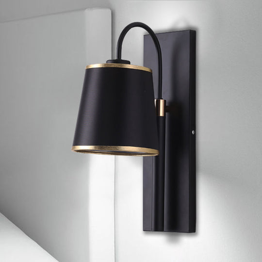 Stylish Vintage Black Fabric Wall Sconce With Gooseneck Arm - 1-Light Tapered Bedroom Lighting