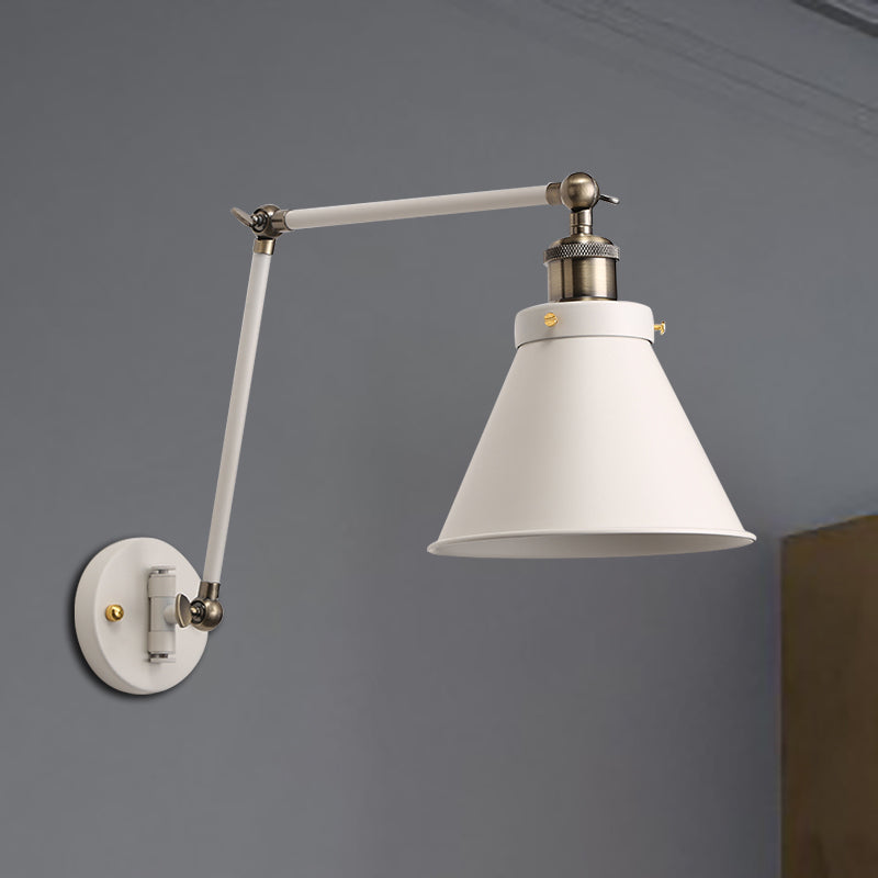 Industrial Cone Wall Sconce With Swing Arm For Bedroom - Black/White Metal Finish & 1 Bulb