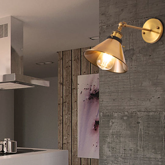 Industrial Style Metal Wall Lamp With Rotatable Barn/Cone Shade - Brass 1 Head Lighting Fixture For