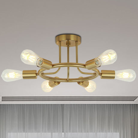 Bare Bulb Mid Century Metallic Semi Flush Ceiling Light - 6 Heads Brass/Black Finish Brass
