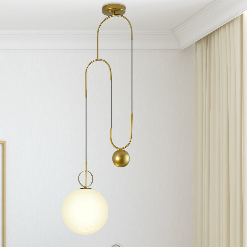 Modern White Glass Sphere Pendant Light With Golden Hanging Fixture For Bedrooms