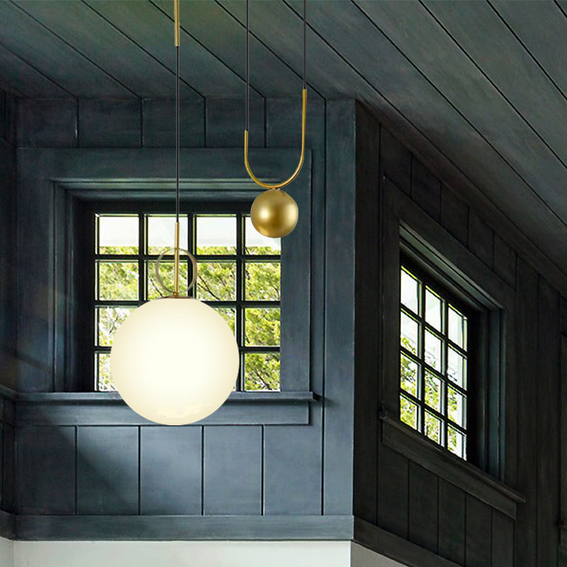 Modern White Glass Sphere Pendant Light With Golden Hanging Fixture For Bedrooms