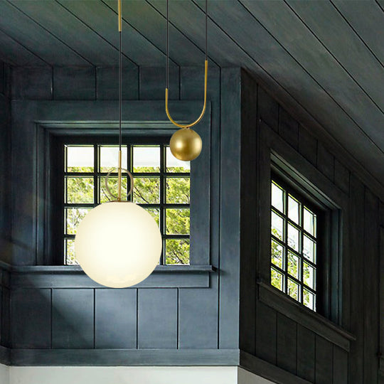 Modern White Glass Sphere Pendant Light With Gold Accents - Bedroom Hanging Fixture