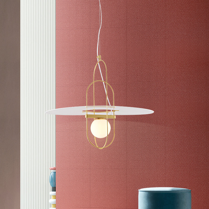 Contemporary Brass Pendant Light Fixture - Oval Frame 1 Head Suspended Metal With Glass Shade