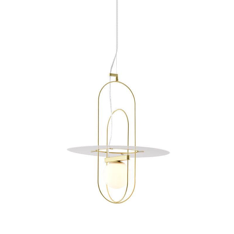 Contemporary Brass Oval Frame Pendant Light With Glass Shade - Metal Suspension Fixture 1 Head