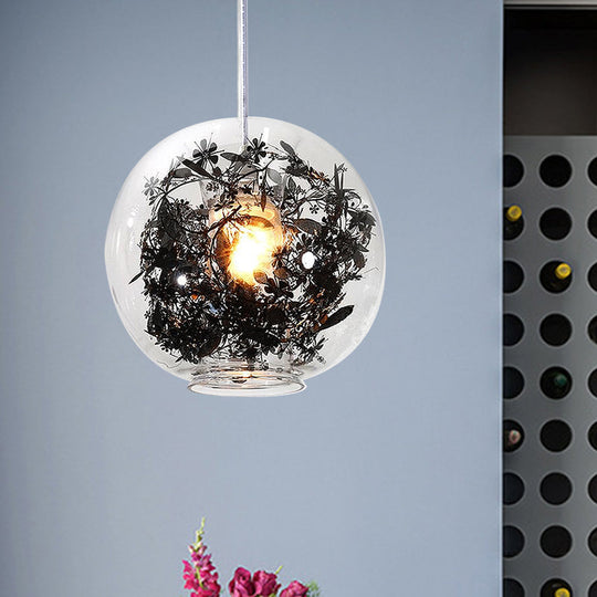 Modern Clear Glass Pendant Ceiling Light with Black Plant Design Inside