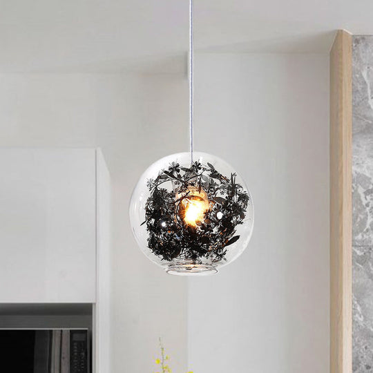 Modern Clear Glass Pendant Ceiling Light with Black Plant Design Inside