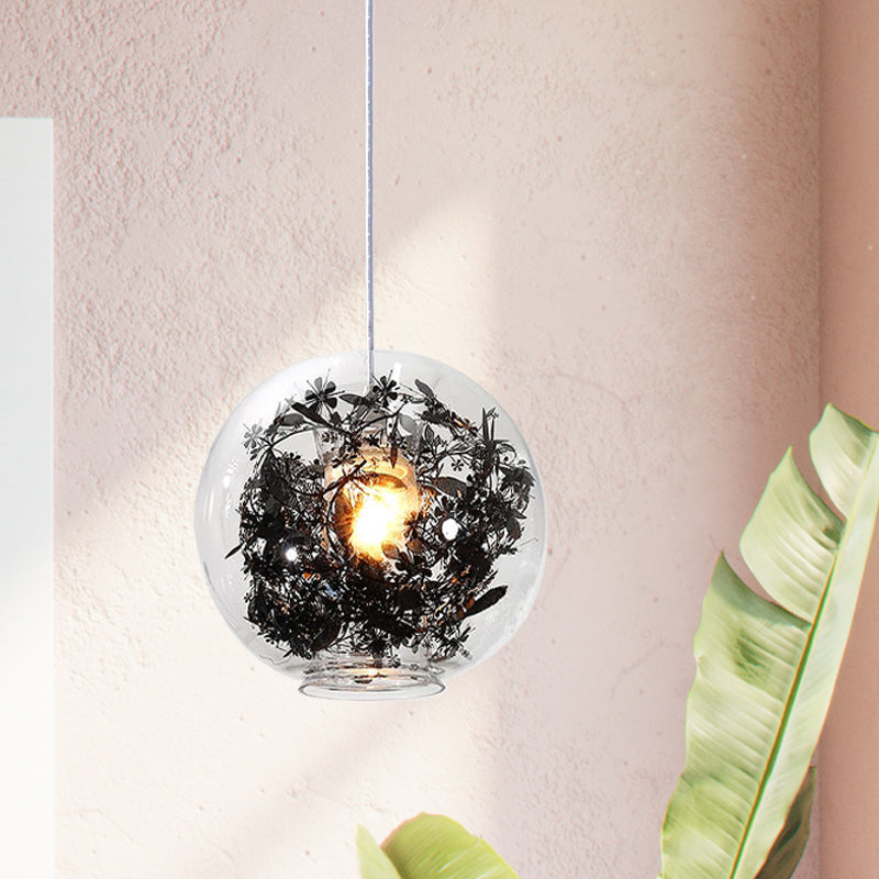 Modern Clear Glass Sphere Pendant Ceiling Light With Black Plant Design 1 Head Hanging Lamp