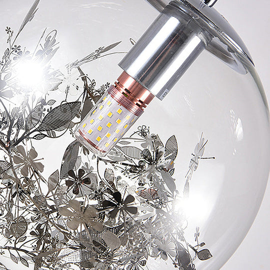 Modern Clear Glass Sphere Pendant Ceiling Light With Black Plant Design 1 Head Hanging Lamp