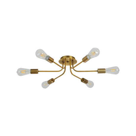 Branch Semi-Mount Industrial Ceiling Light With 6 Exposed Bulbs In Brass/Nickel Finish