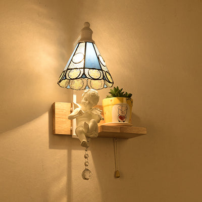 Scalloped Stained Glass Wall Sconce With Cupid Decoration - Tiffany 1-Light Fixture In Multicolor