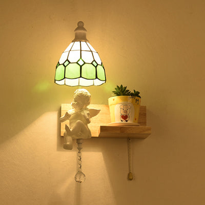 Scalloped Stained Glass Wall Sconce With Cupid Decoration - Tiffany 1-Light Fixture In Multicolor