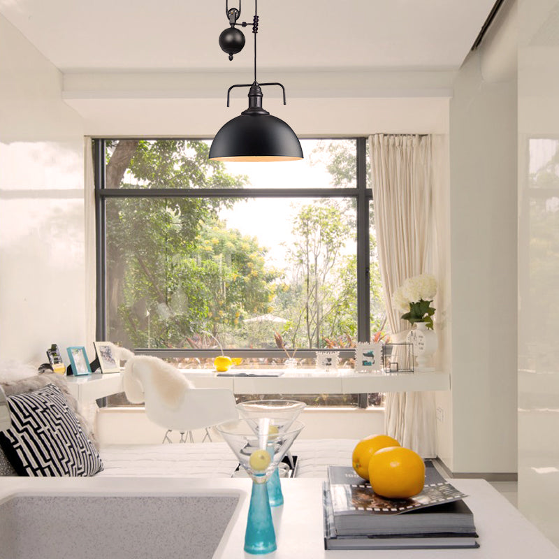 Metallic Pendant Light With Pulley Design - Black Dome Warehouse Style 1 8’/12’ Wide
