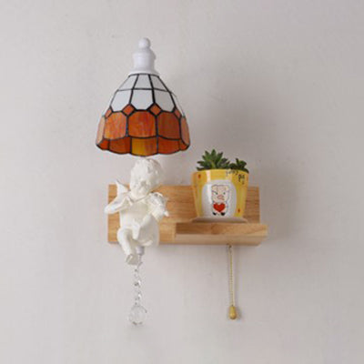 Scalloped Stained Glass Wall Sconce With Cupid Decoration - Tiffany 1-Light Fixture In Multicolor