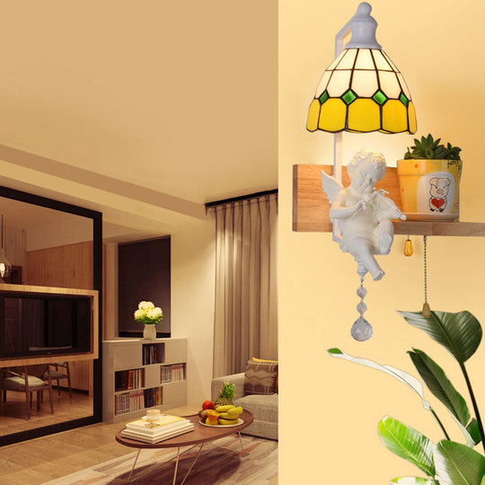 Scalloped Stained Glass Wall Sconce With Cupid Decoration - Tiffany 1-Light Fixture In Multicolor