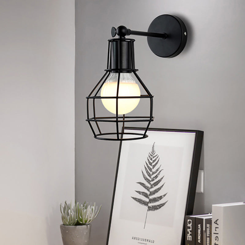Industrial Style Rotatable Wall Sconce Lamp With Wire Guard - Globe Bedroom Light In Black