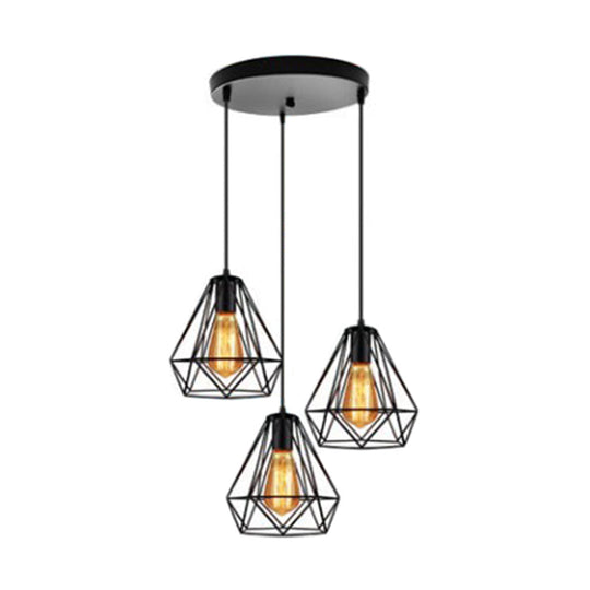 Industrial Metal Diamond Cage Pendant Light - Set Of 3 Multi Hanging Lights For Restaurants Black /