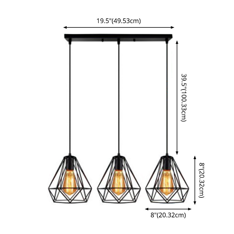 Industrial Metal Diamond Cage Pendant Light - Set Of 3 Multi Hanging Lights For Restaurants