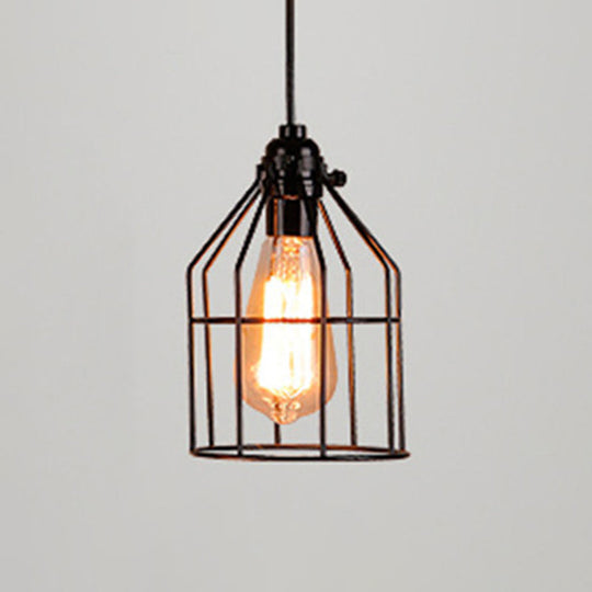 Retro Industrial Metal Cage Pendant Light Fixture - 1-Light Ceiling Hanging For Restaurants Black /