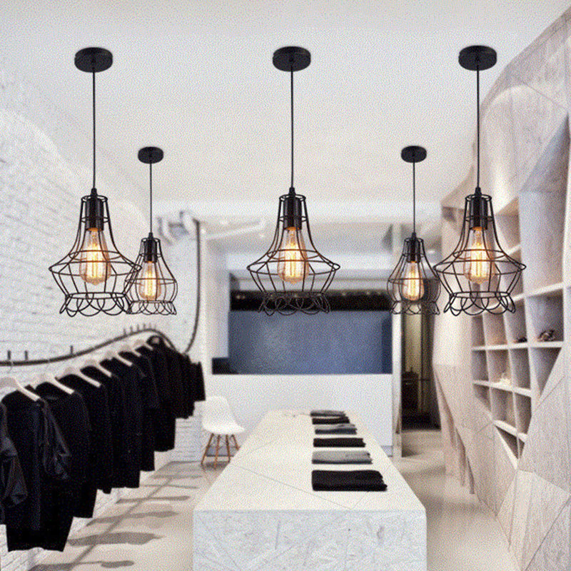 Retro Industrial Metal Cage Pendant Light Fixture - 1-Light Ceiling Hanging For Restaurants
