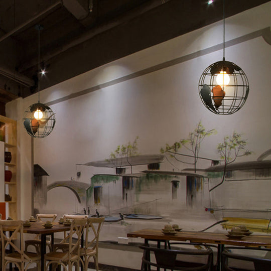 Industrial Metallic Pendant Light With Cage Globe Design For Coffee Shop - 1 Ceiling Fixture