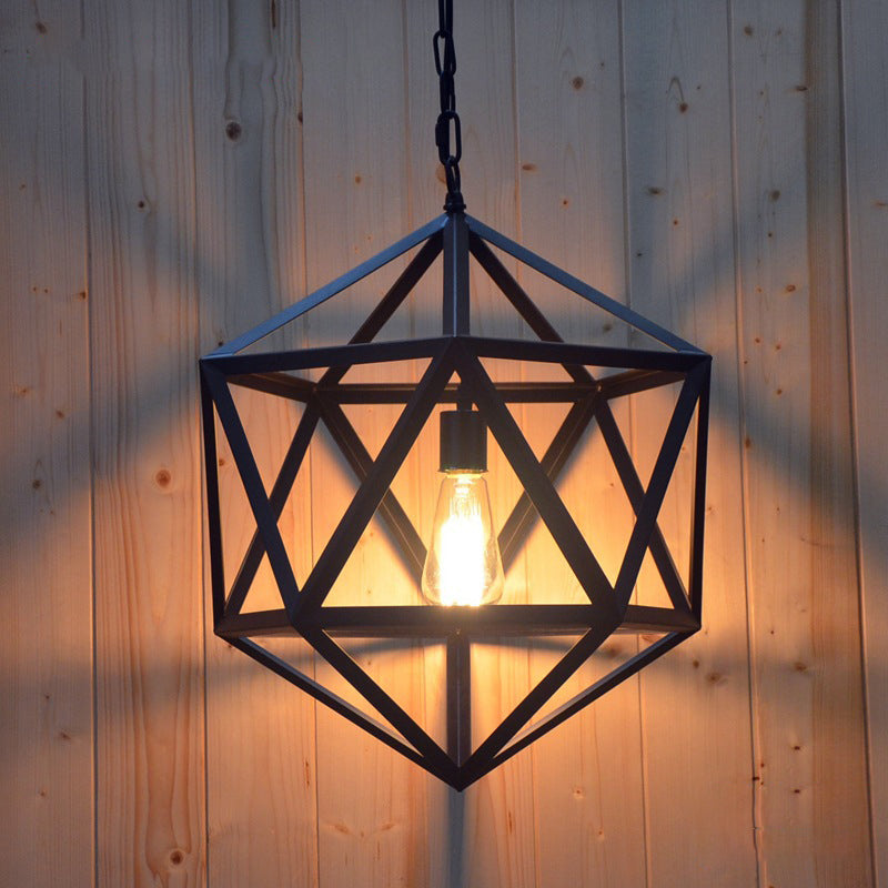 1-Light Retro Industrial Pendant Ceiling Light With Prism Cage And Metallic Finish
