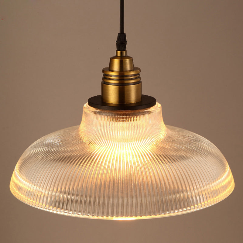 Retro Industrial Ribbed Glass Dome Pendant Lamp - 1-Light Design For Restaurants