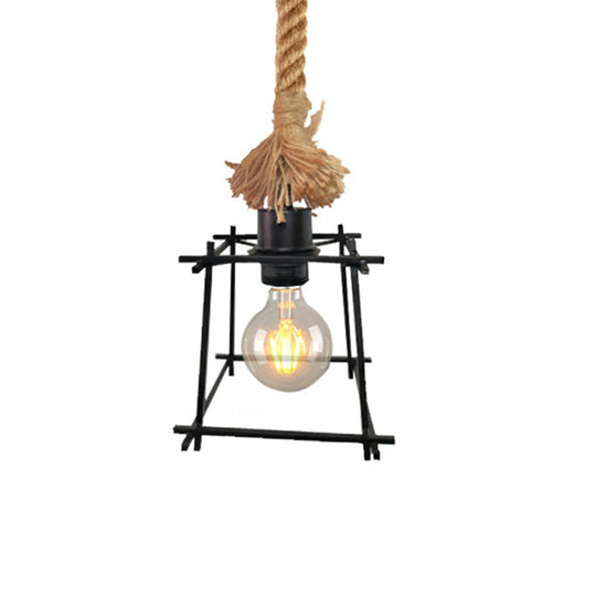 Retro Metal Trapezoid Cage Ceiling Light Black Pendant Lamp With Adjustable Rope – Ideal For