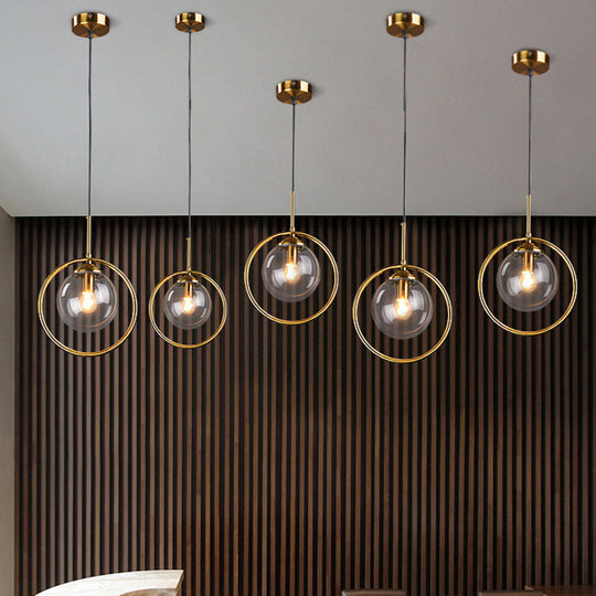 Mid-Century Globe Hanging Lamp With Glass Shade & Metal Ring - Perfect For Bedrooms