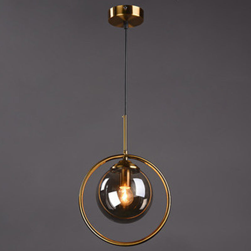 Mid-Century Design Hanging Lamp With Glass Shade And Metal Ring - Perfect For Bedroom