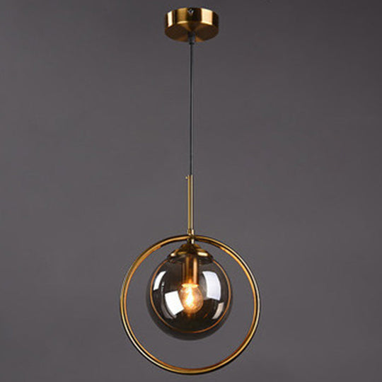 Mid-Century Design Hanging Lamp With Glass Shade And Metal Ring - Perfect For Bedroom