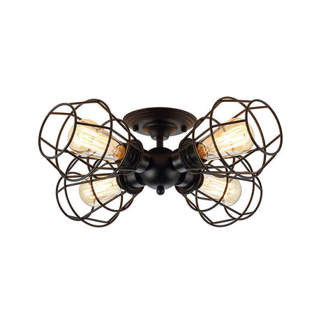 Metal Industrial Pendant Light With Cage Shade - Semi Flush Mount For Living Room (4 Heads Black)