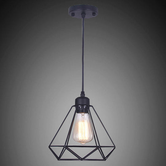 Diamond Iron Cluster Pendant Industrial Lamp - Retro 1-Light Restaurant Hanging Light In Black