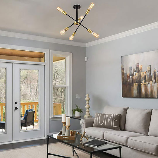 Industrial Style Black Starburst Iron Chandelier Pendant Light With 6 Open Bulb Heads