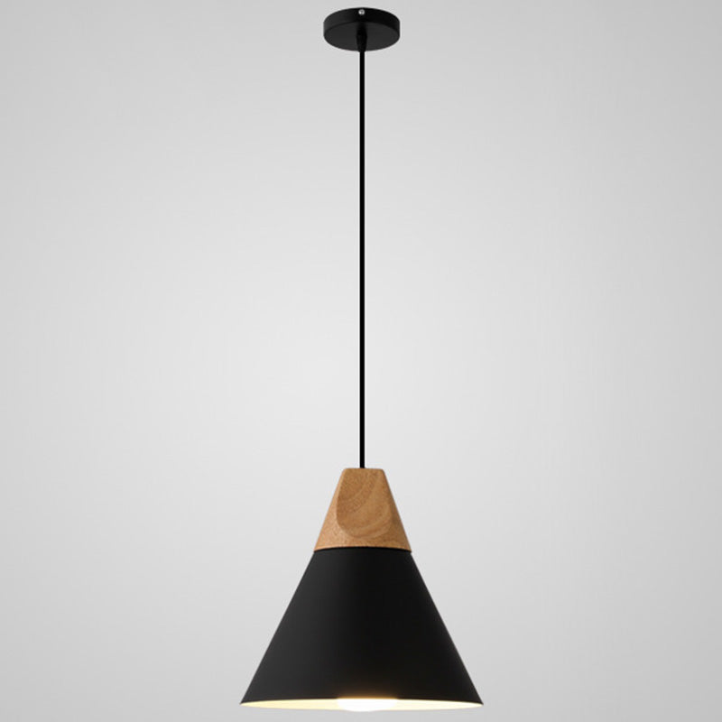Nordic Style Metal Hanging Ceiling Pendant Lamp With Wooden Top - 1 Light Restaurant Lighting Black