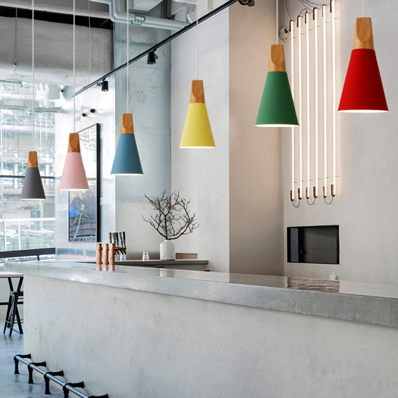 Nordic Style Metal Hanging Ceiling Pendant Lamp With Wooden Top - 1 Light Restaurant Lighting