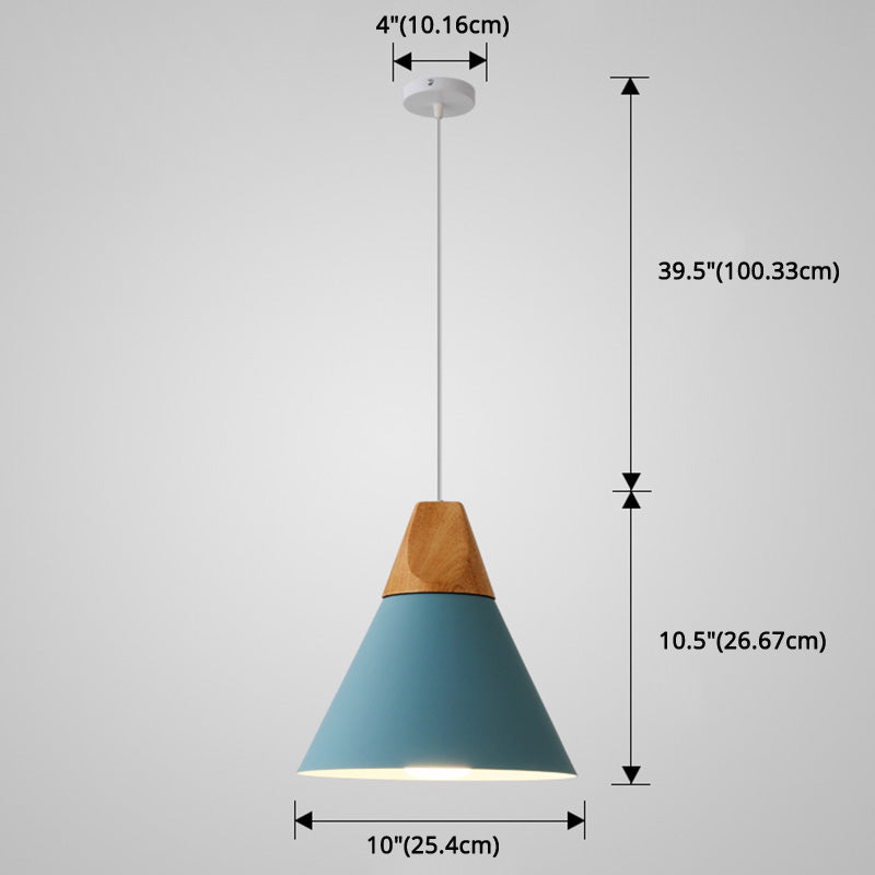 Metal Tapered Hanging Light - Nordic Style 1-Light Restaurant Pendant Lamp With Wooden Top